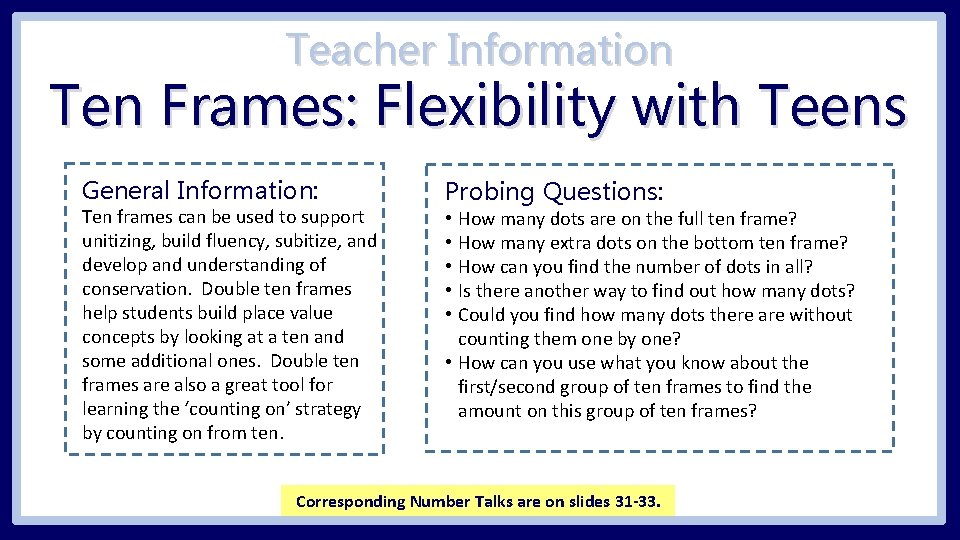 Teacher Information Ten Frames: Flexibility with Teens General Information: Ten frames can be used