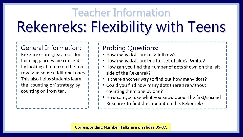 Teacher Information Rekenreks: Flexibility with Teens General Information: Rekenreks are great tools for building