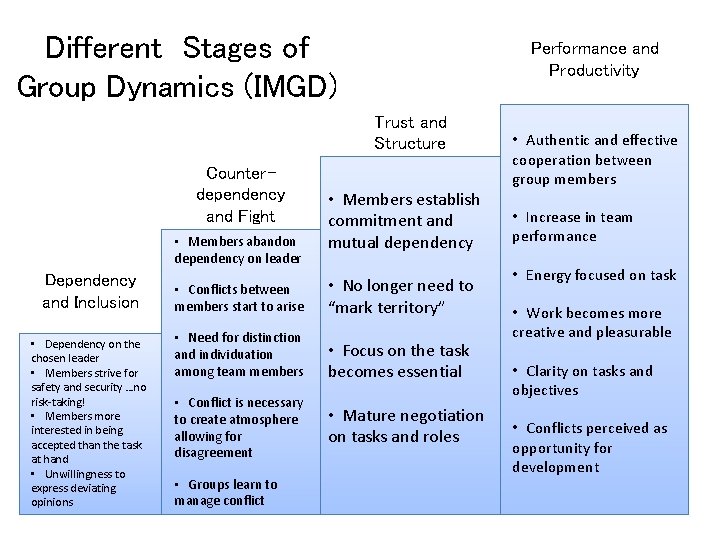 Different Stages of Group Dynamics (IMGD) Performance and Productivity Trust and Structure Counterdependency and