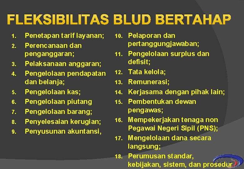 FLEKSIBILITAS BLUD BERTAHAP 1. 2. 3. 4. 5. 6. 7. 8. 9. Penetapan tarif