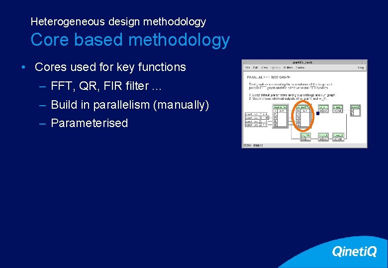 Heterogeneous design methodology 22 Core based methodology • Cores used for key functions –