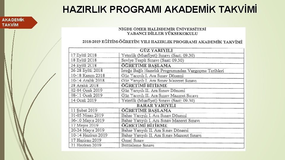 HAZIRLIK PROGRAMI AKADEMİK TAKVİMİ AKADEMİK TAKVİM 