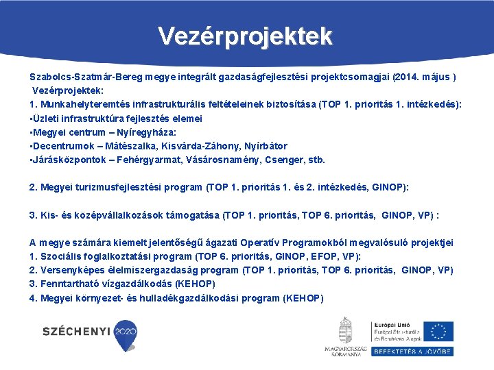 Vezérprojektek Szabolcs Szatmár Bereg megye integrált gazdaságfejlesztési projektcsomagjai (2014. május ) Vezérprojektek: 1. Munkahelyteremtés