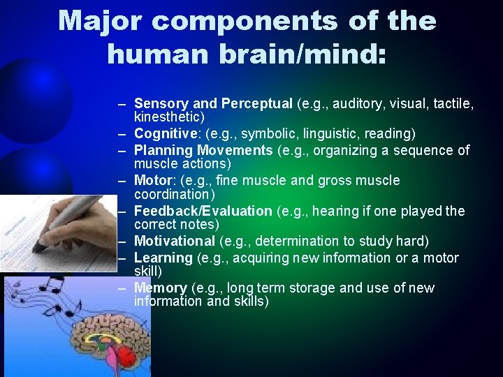 Major components of the human brain/mind: – Sensory and Perceptual (e. g. , auditory,