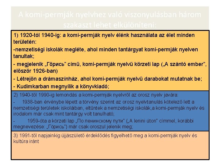 A komi-permják nyelvhez való viszonyulásban három szakaszt lehet elkülöníteni: 1) 1920 -tól 1940 -ig: