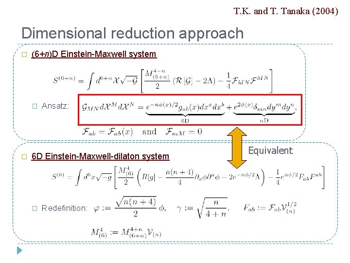 T. K. and T. Tanaka (2004) Dimensional reduction approach � (6+n)D Einstein-Maxwell system �