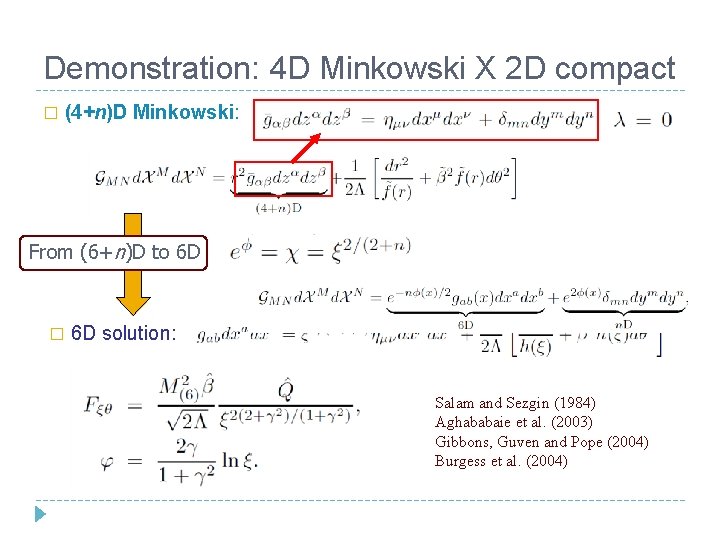 Demonstration: 4 D Minkowski X 2 D compact � (4+n)D Minkowski: From (6+n)D to