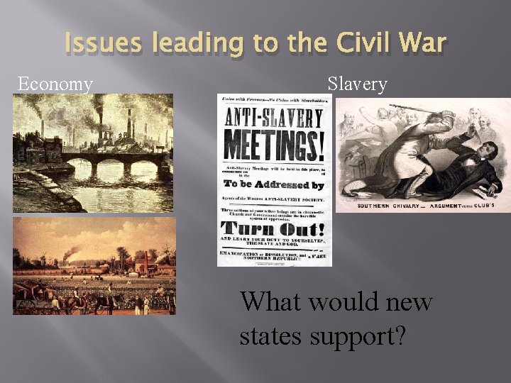 Issues leading to the Civil War Economy Slavery What would new states support? 
