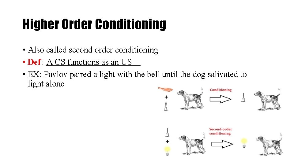 Higher Order Conditioning • Also called second order conditioning • Def : A CS