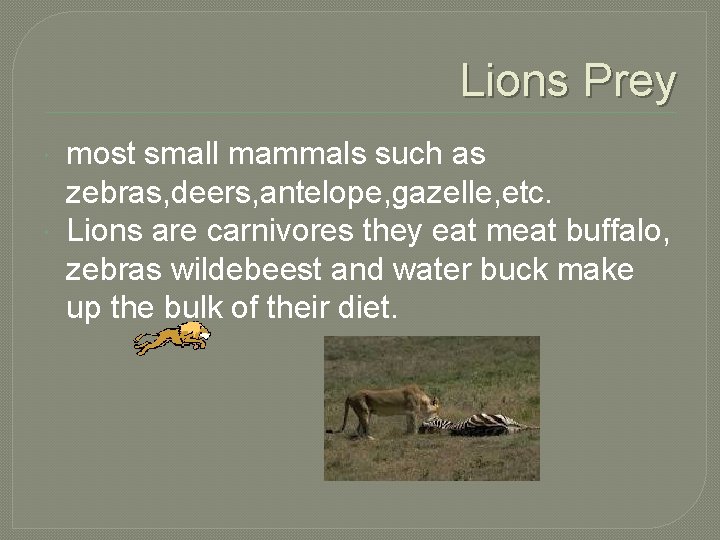 Lions Prey most small mammals such as zebras, deers, antelope, gazelle, etc. Lions are