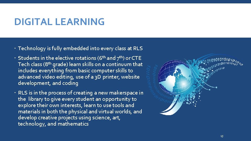 DIGITAL LEARNING Technology is fully embedded into every class at RLS Students in the