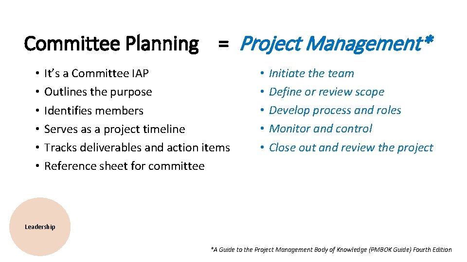 Committee Planning = Project Management* • • • It’s a Committee IAP Outlines the