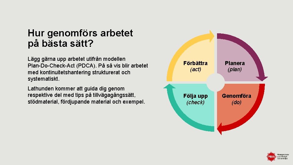 Hur genomförs arbetet på bästa sätt? Lägg gärna upp arbetet utifrån modellen Plan-Do-Check-Act (PDCA).