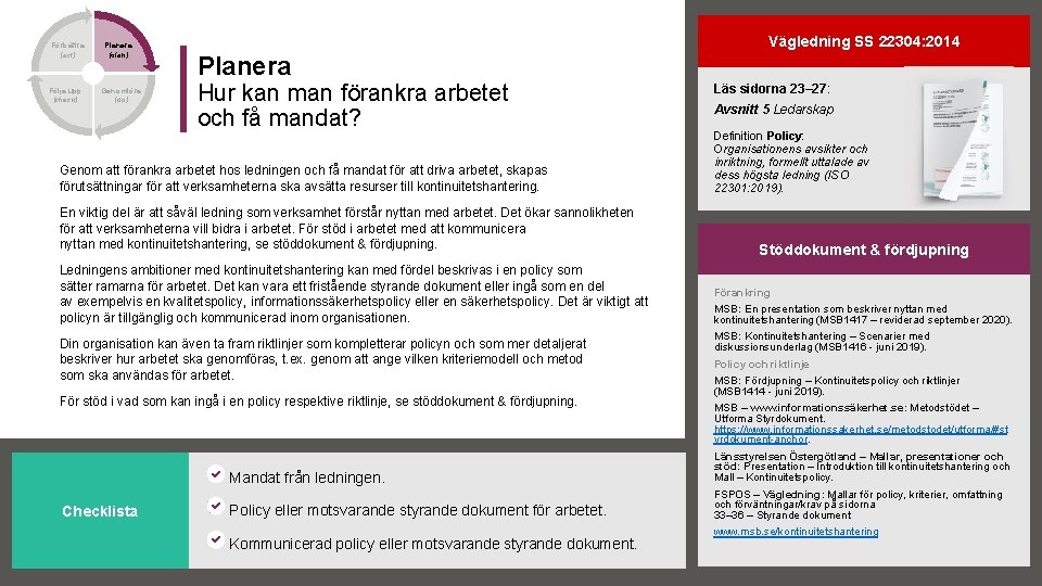 Förbättra (act) Följa upp (check) Planera (plan) Genomföra (do) Vägledning SS 22304: 2014 Planera