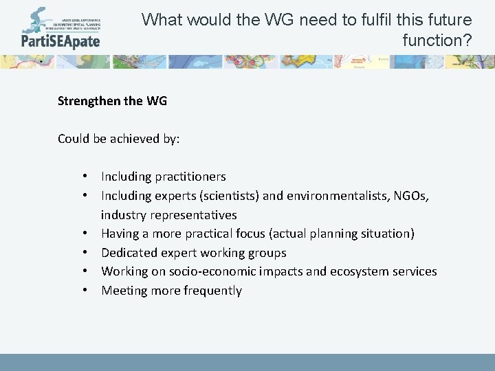 What would the WG need to fulfil this future function? Strengthen the WG Could