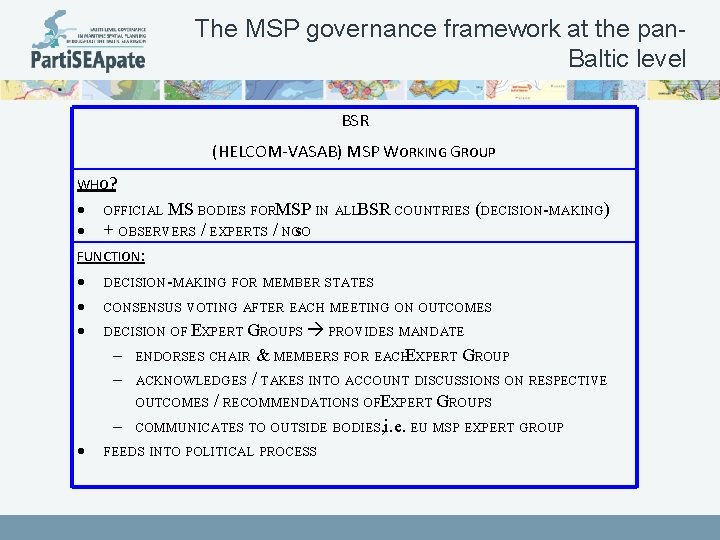 The MSP governance framework at the pan. Baltic level BSR (HELCOM-VASAB) MSP WORKING GROUP