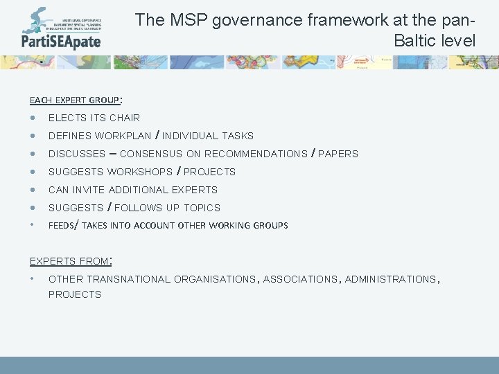 The MSP governance framework at the pan. Baltic level EACH EXPERT GROUP: • ELECTS