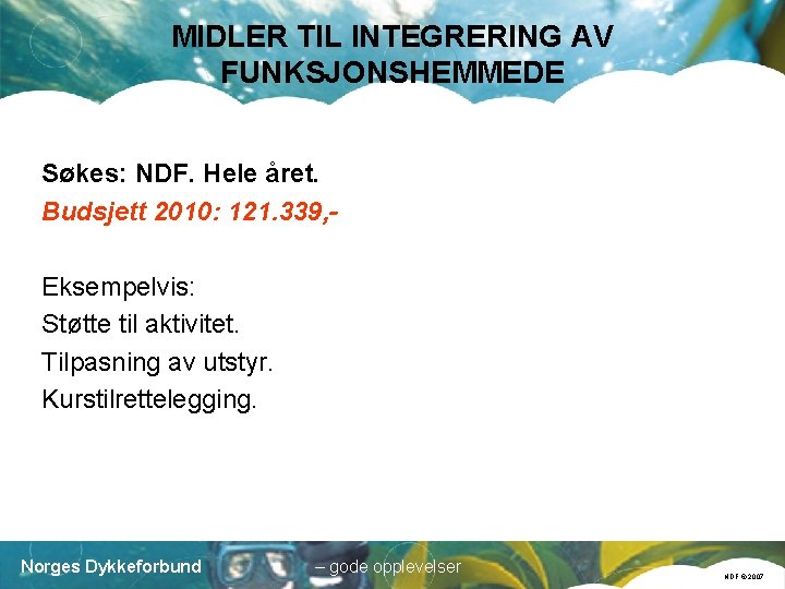 MIDLER TIL INTEGRERING AV FUNKSJONSHEMMEDE Søkes: NDF. Hele året. Budsjett 2010: 121. 339, Eksempelvis: