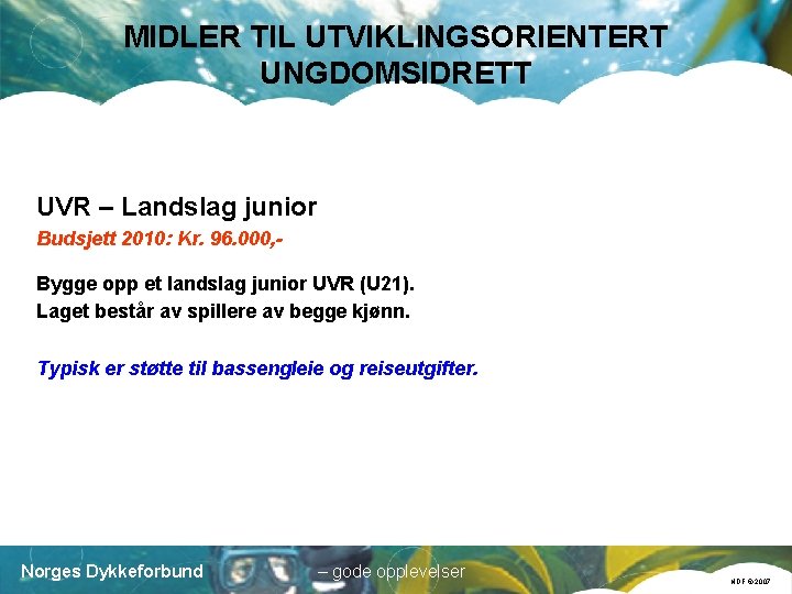 MIDLER TIL UTVIKLINGSORIENTERT UNGDOMSIDRETT UVR – Landslag junior Budsjett 2010: Kr. 96. 000, Bygge