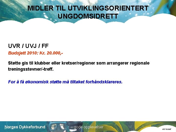 MIDLER TIL UTVIKLINGSORIENTERT UNGDOMSIDRETT UVR / UVJ / FF Budsjett 2010: Kr. 20. 000,