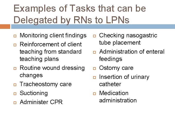 Examples of Tasks that can be Delegated by RNs to LPNs Monitoring client findings