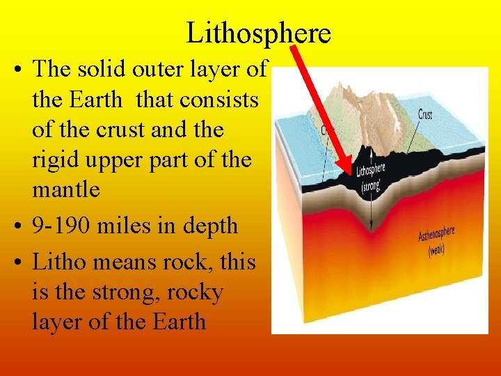 Lithosphere • The solid outer layer of the Earth that consists of the crust