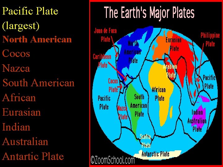 Pacific Plate (largest) Major North American Cocos Nazca South American African Eurasian Indian Australian