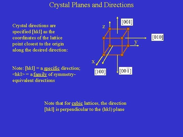 Crystal Planes and Directions Crystal directions are specified [hkl] as the coordinates of the