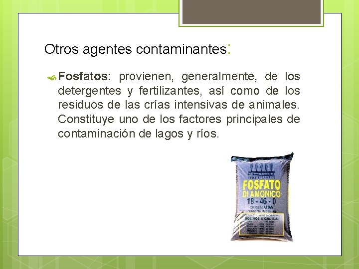 Otros agentes contaminantes: Fosfatos: provienen, generalmente, de los detergentes y fertilizantes, así como de