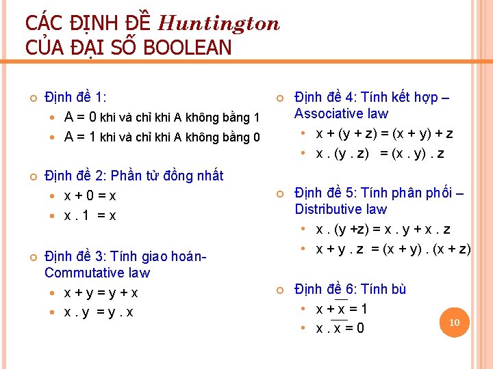 CÁC ĐỊNH ĐỀ Huntington CỦA ĐẠI SỐ BOOLEAN Định đề 1: A = 0