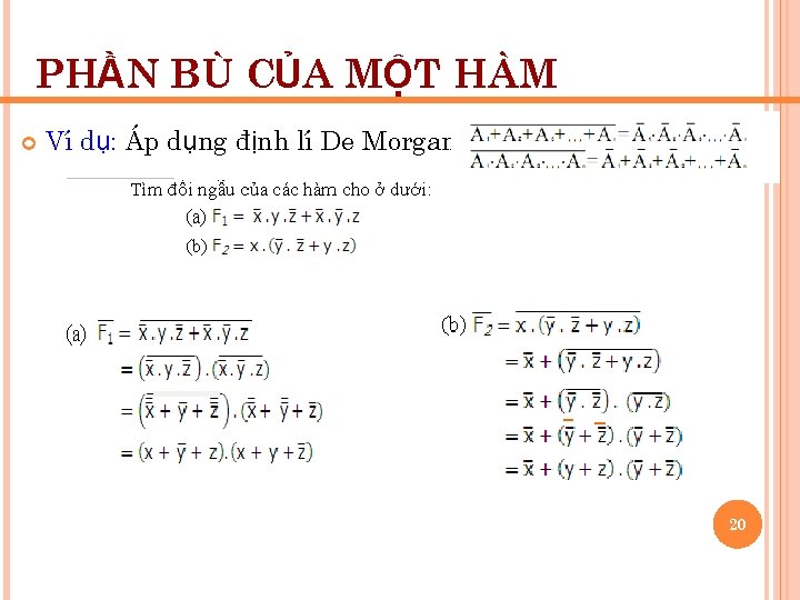 PHẦN BÙ CỦA MỘT HÀM Ví dụ: Áp dụng định lí De Morgan 20