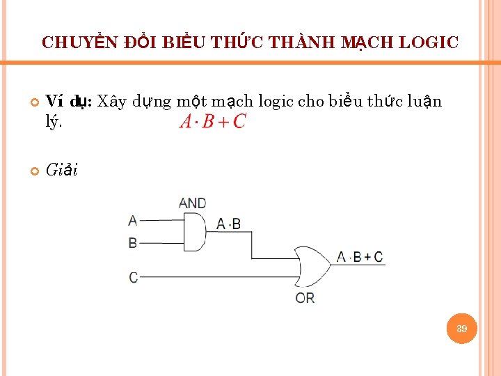 CHUYỂN ĐỔI BIỂU THỨC THÀNH MẠCH LOGIC Ví dụ: Xây dựng một mạch logic