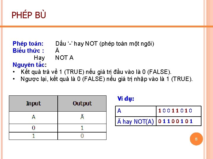 PHÉP BÙ Phép toán: Dấu ‘-’ hay NOT (phép toán một ngôi) Biểu thức