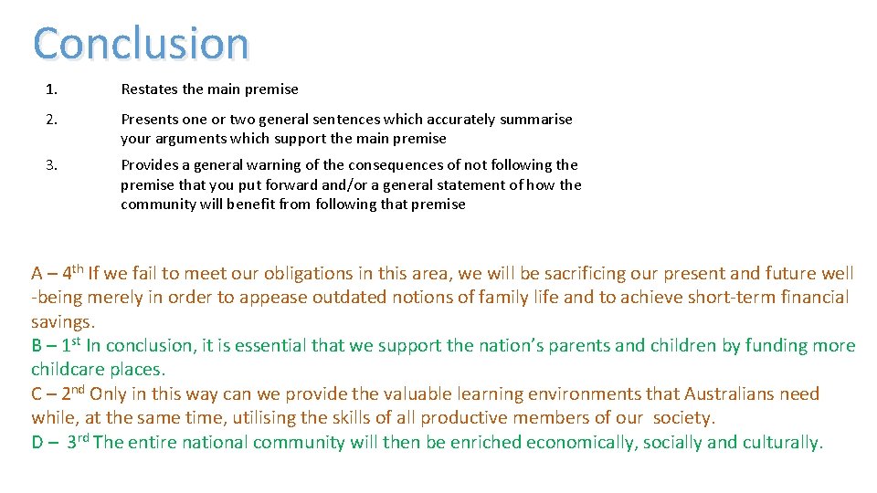 Conclusion 1. Restates the main premise 2. Presents one or two general sentences which