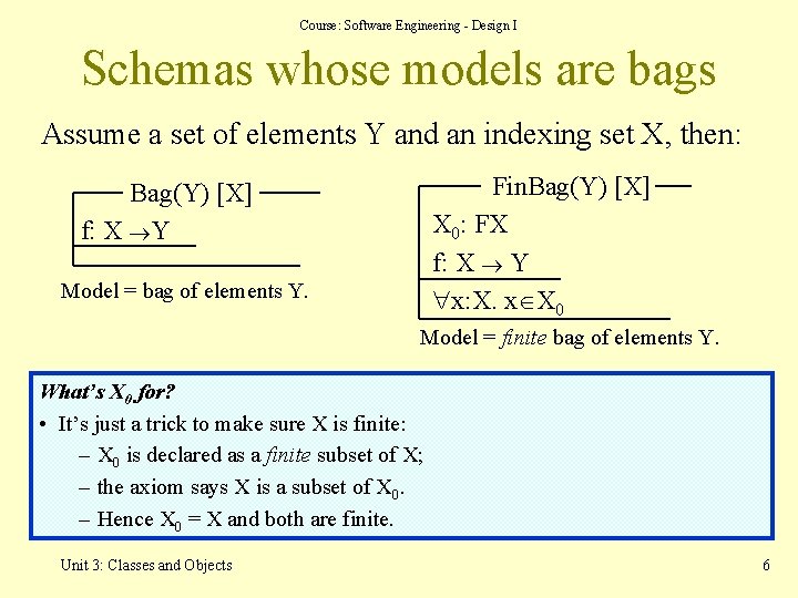Course: Software Engineering - Design I Schemas whose models are bags Assume a set Course: Software Engineering - Design I Schemas whose models are bags Assume a set