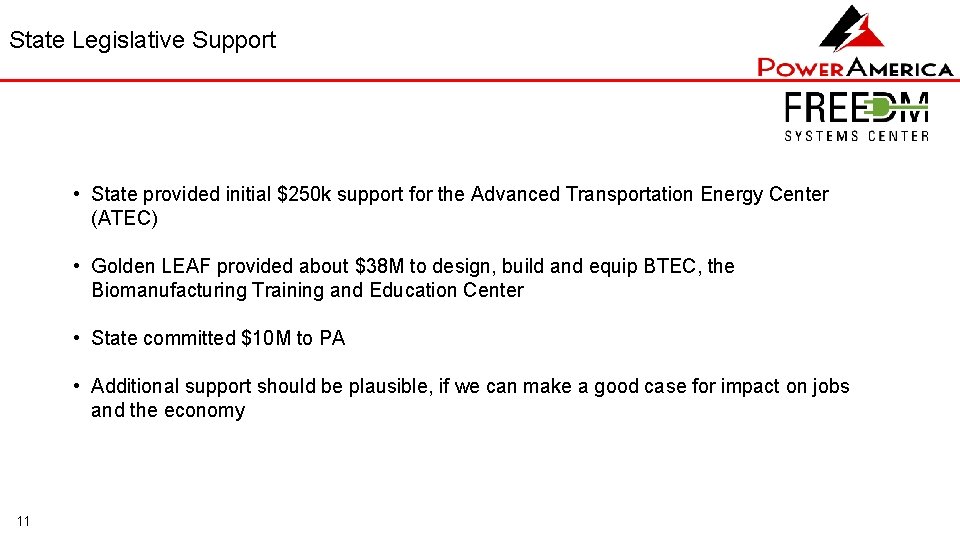 State Legislative Support • State provided initial $250 k support for the Advanced Transportation