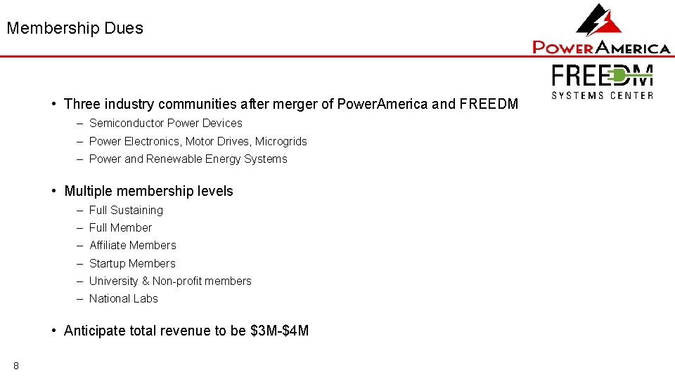 Membership Dues • Three industry communities after merger of Power. America and FREEDM –