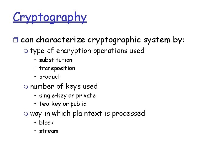 Cryptography r can characterize cryptographic system by: m type of encryption operations used •
