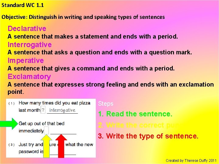 Standard WC 1. 1 Objective: Distinguish in writing and speaking types of sentences Declarative