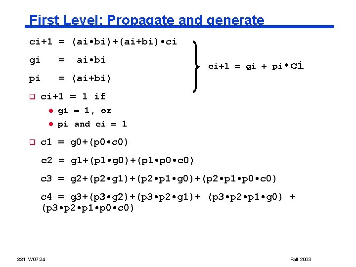 First Level: Propagate and generate ci+1 = (ai • bi)+(ai+bi) • ci gi =