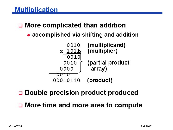 Multiplication q More complicated than addition l accomplished via shifting and addition 0010 x_1011