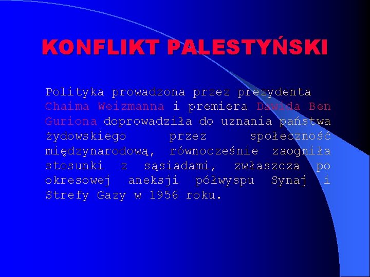 KONFLIKT PALESTYŃSKI Polityka prowadzona przez prezydenta Chaima Weizmanna i premiera Dawida Ben Guriona doprowadziła