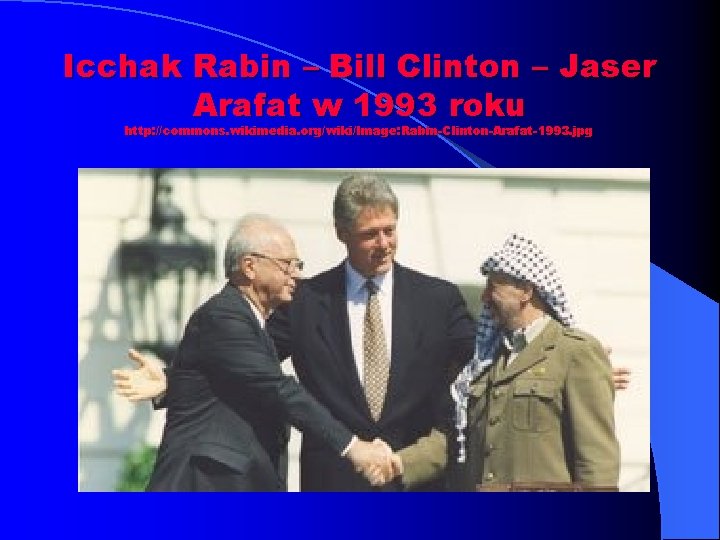 Icchak Rabin – Bill Clinton – Jaser Arafat w 1993 roku http: //commons. wikimedia.