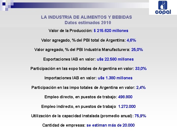 LA INDUSTRIA DE ALIMENTOS Y BEBIDAS Datos estimados 2010 Valor de la Producción: $