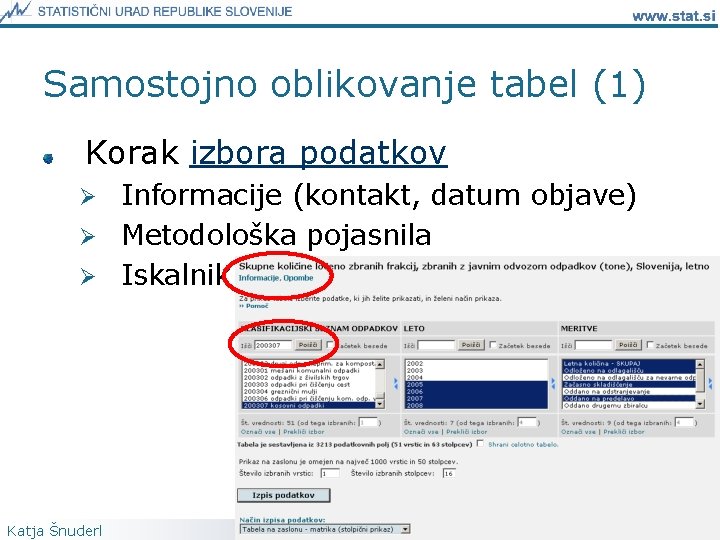 Samostojno oblikovanje tabel (1) Korak izbora podatkov Informacije (kontakt, datum objave) Ø Metodološka pojasnila