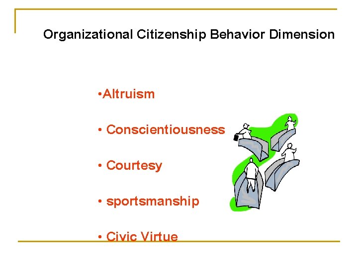 Organizational Citizenship Behavior Dimension • Altruism • Conscientiousness • Courtesy • sportsmanship • Civic