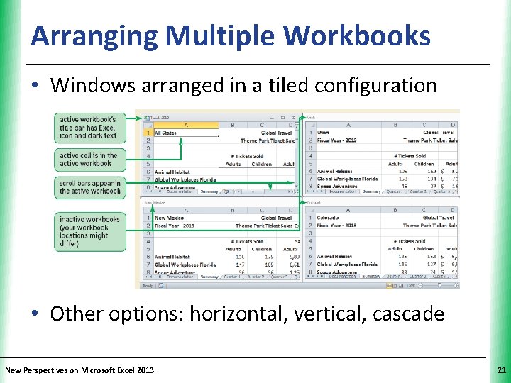 Arranging Multiple Workbooks XP • Windows arranged in a tiled configuration • Other options: