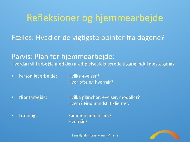 Refleksioner og hjemmearbejde Fælles: Hvad er de vigtigste pointer fra dagene? Parvis: Plan for