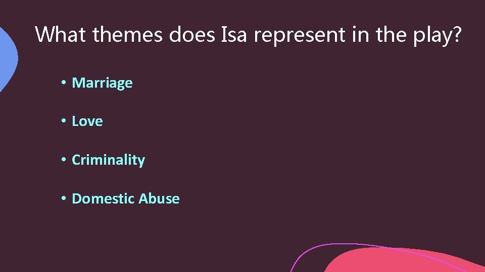 What themes does Isa represent in the play? • Marriage • Love • Criminality