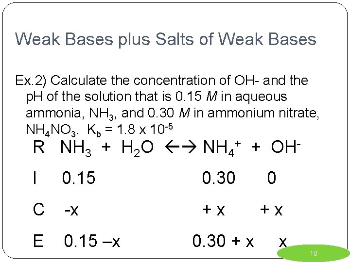 Weak Bases plus Salts of Weak Bases Ex. 2) Calculate the concentration of OH-